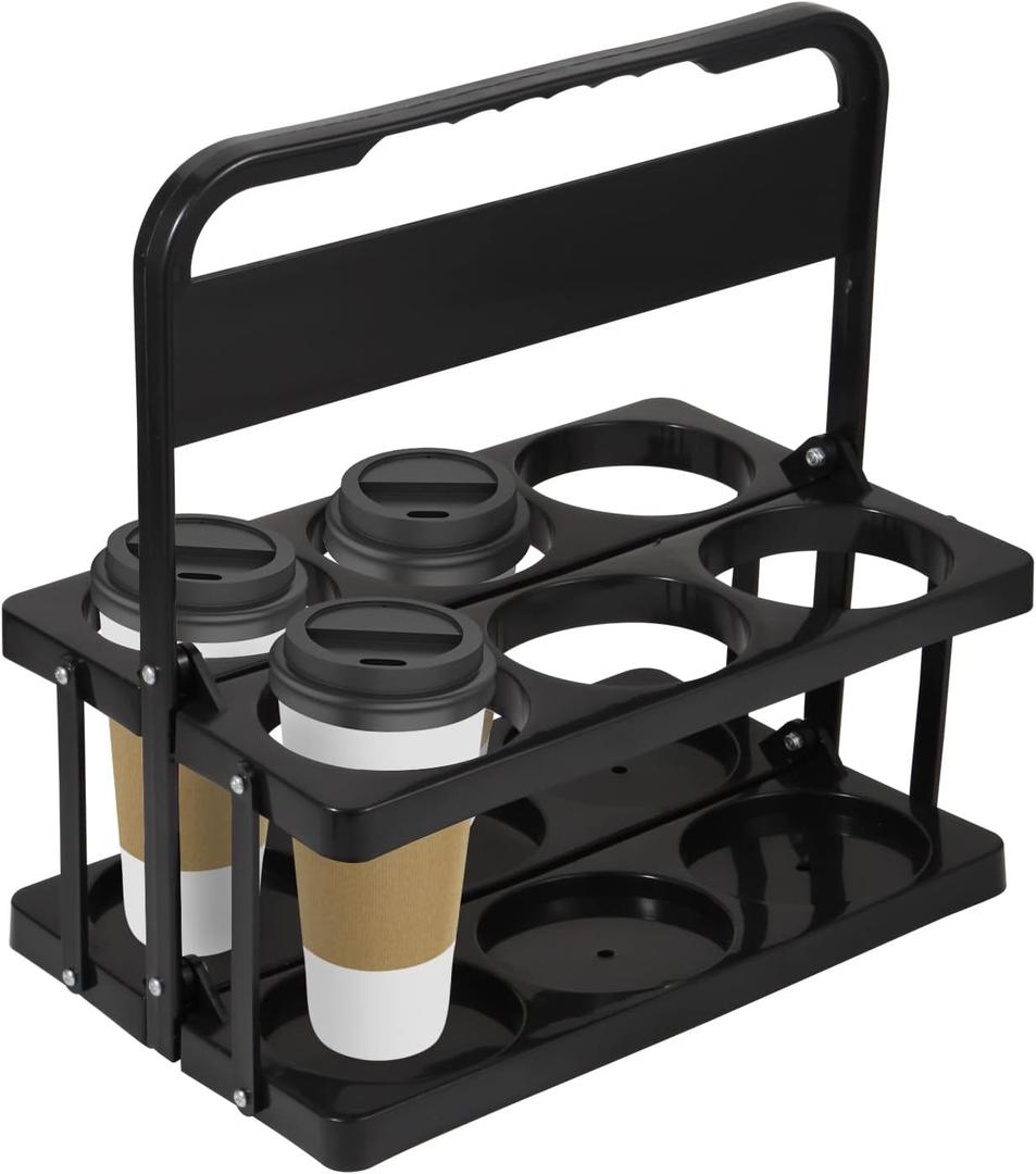 Portable Drink Carrier for Big Cups, Foldable Plastic Cup Holder, Reusable Cup Holder Carrier with Handle, Drink Delivery Carrier (Black)