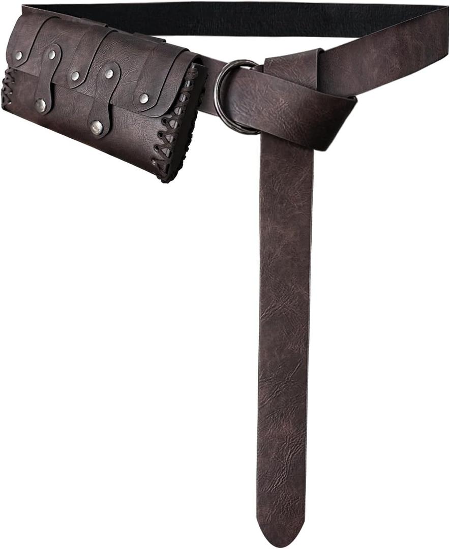 HiiFeuer Medieval Faux Leather Belt Bag with O Ring Belt, Renaissance Cosplay Belt Pouch, Portable Phone Bag for Ren Faire (Dark Brown A)