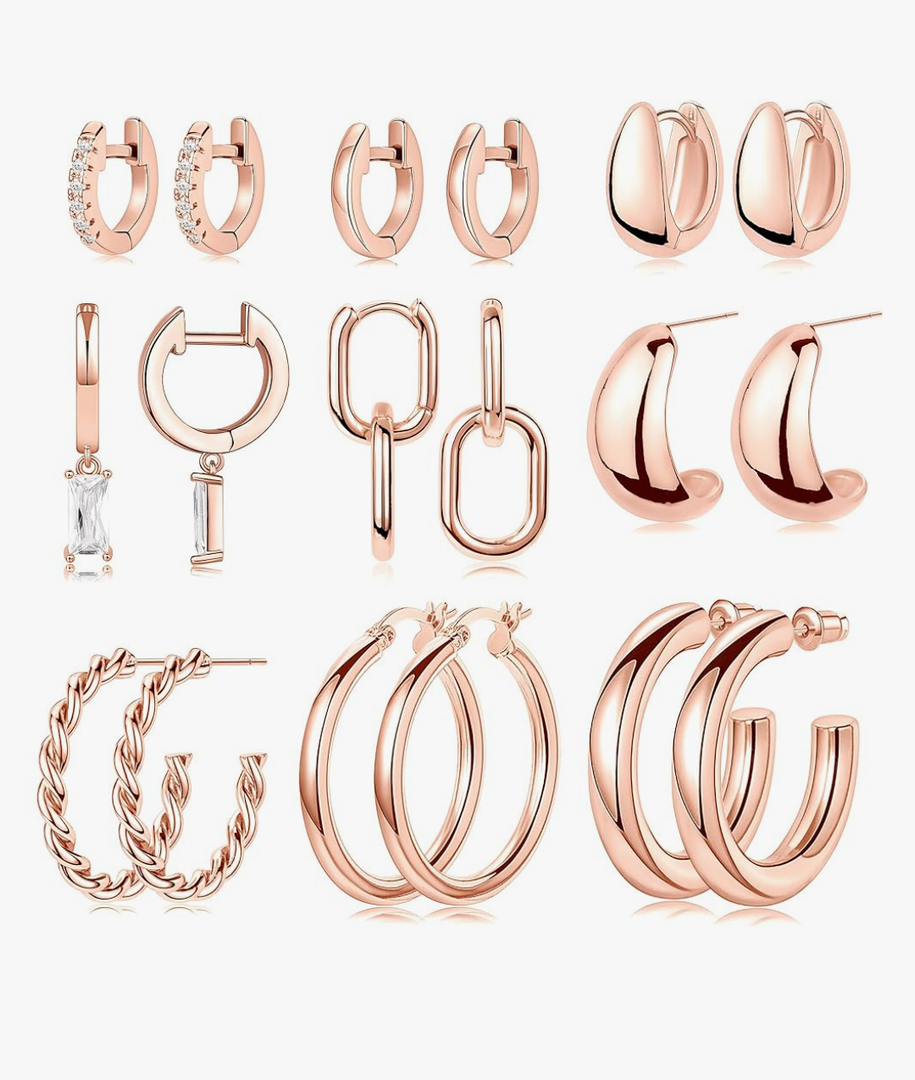 Inerney Pair of 9 Chunky Gold Hoop Earrings Set for Women Trendy Sterling Silver Dangle Studs Dainty Cute Small Huggie Hoops 14K Plated Hypoallergenic Cartilage Earings Womens Prom Fashion Jewelry Gift