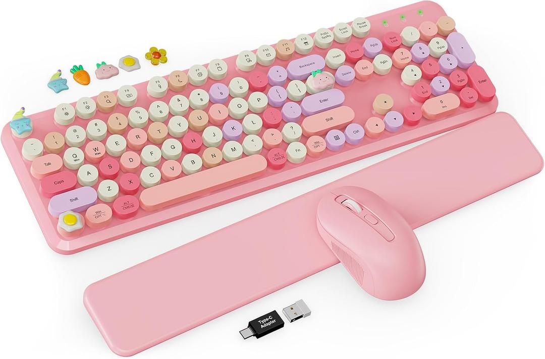 Wireless Keyboard and Mouse Combo, Typewriter Keyboard with Detachable Wrist Rest, Full-Size Retro Round Keycaps, Smart-Sleep, 2.4GHz Stable Connection for Mac/Windows/PC, Trueque(Rose Quartz Pink)