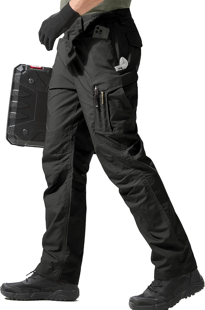 FREE SOLDIER Men's Tactical Pants Water Resistant Ripstop Cargo Work Lightweight EDC Hiking Pants with Multi Pockets (28W x 30L, Black)