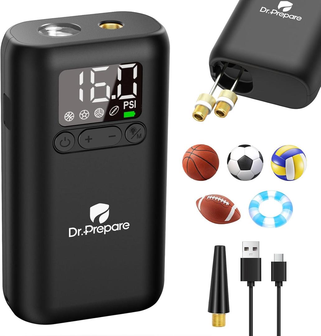 Dr.Prepare Electric Ball Pump Inflation,Basketball Air Pump with Pressure Display,16PSI,Auto-Off,LED Light,for Balls,Swim Ring,DP Camping Shower Bag,with 2 Inflation Needles,1 Adapter,1 Charging Cable