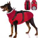 Large Dog Coat with Harness Built in, Warm Dog Jacket Waterproof Pet Winter Coat Snowsuit for Cold Weather, Reflective Fleece Jacket for Large Dogs, Border Collie, Red XL