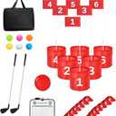 Golf Bucket Yard Game 6-Hole Set with 2 Clubs, Portable Outdoor Yard Game for Family and Adults, Golf Chipping Practice for Lawn, Beach, Camping, Park, Red