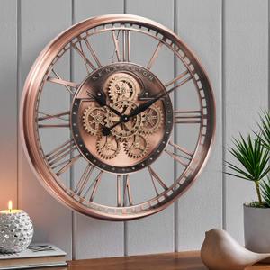 CLXEAST 28 Inch Oversized Large Moving Gears Wall Clock,Industrial Vintage Rose Gold Silent Wall Clock for Modern Farmhouse Living Room Home Decor,Copper Finish (Roman Numeral Copper)