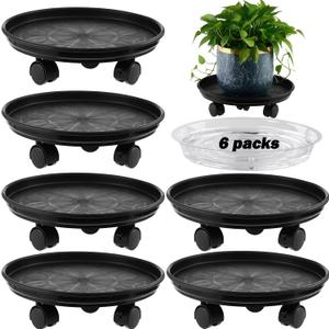 6 Packs 15 Extra-large Plant Caddy Plant Saucers on Wheels Rolling Plant Stands Heavy-duty Plant Dolly Plastic Planter Roller Base Pot Movers Outdoor Plant Tray Coaster, Clear Plant Saucers x 6 (Black matte)