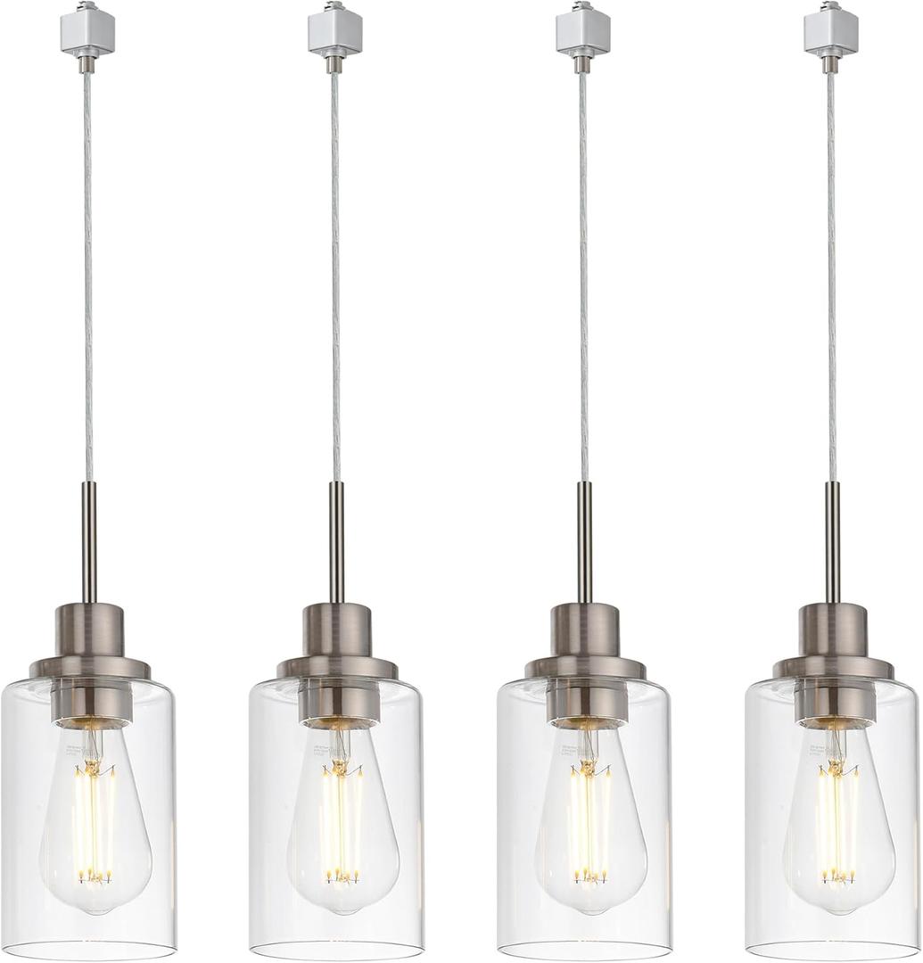 MELUCEE 4 Packs H Track Pendant Lighting Brushed Nickel Ceiling Hanging Lamp Track Lighting Fixtures Pendant with Clear Glass Shades, Compatible with H Type Track Lighting Rail, E26 Socket