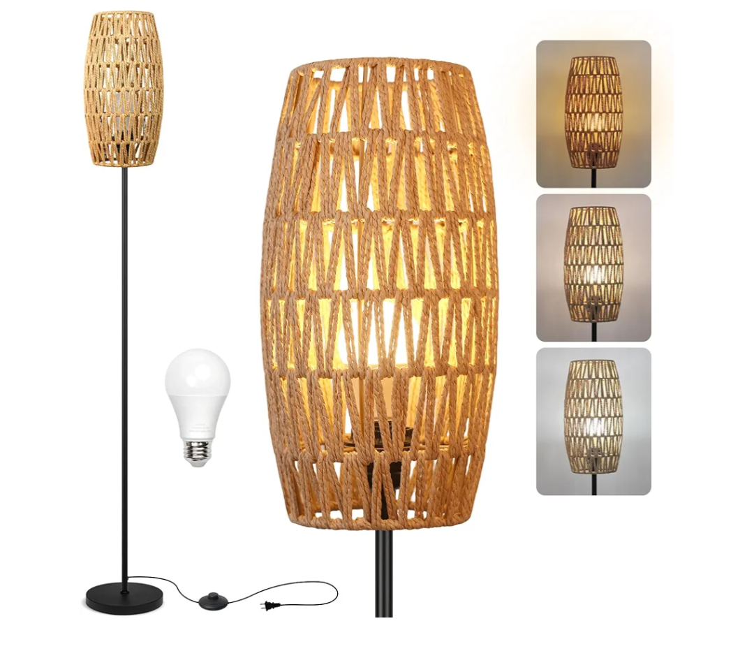 Floor Lamp for Living Room,Farmhouse Floor lamp,Modern Standing lamp with Hand-Worked Rattan Shade (Drum Rattan Shade Black Body Color-3 Color Bulb)
