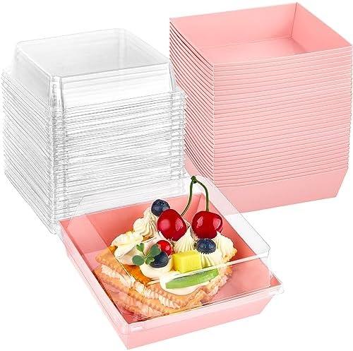 Kucoele Small Charcuterie Boxes with Clear Lids, To Go Paper Dessert Boxes Bakery Boxes, 5 Inches Disposable Food Containers for Cookies, Cupcakes, Slice Cakes, Strawberries (Pink), Amount Unknown