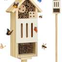 Bee House Bug Hotel & Butterfly House with Stake, Handcrafted Wooden Ladybug Hotel, Natural Insect Habitat for Garden, Patio, or Yard, Attracts Pollinators, 10.4 x 5.5 x 3.2 Inches,25 inches Stake