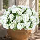 Artificial Flowers for Outdoors 6 Bundles of UV-Resistant Artificial Geraniums, Realistic Silk Flowers for Front Porch, Patio, Garden, Window Boxes & Hanging Baskets (White, 6)