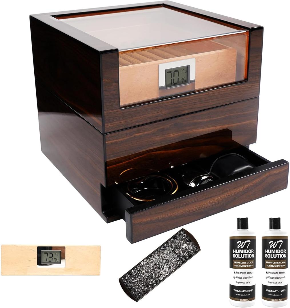 Humidor Cigar Box, Handcrafted Box Top 270" Elegant Glossy Spanish Cedar Humidors with Easy HumidificationSystem, Accurate Digital Hygrometer with 2 Humidor Solution by TUTUNES&Wudytim (Walnut)