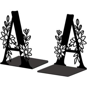 Peacoblue Metal Bookends for Shelves, Modern Decorative Heavy Duty Study Book Ends Stoppers for Office, Desk, Shelf, Room 5.3"x4.3"x7.1" Cast Iron Simple Tall Bookends 1 Pair (Letter A with Flower)