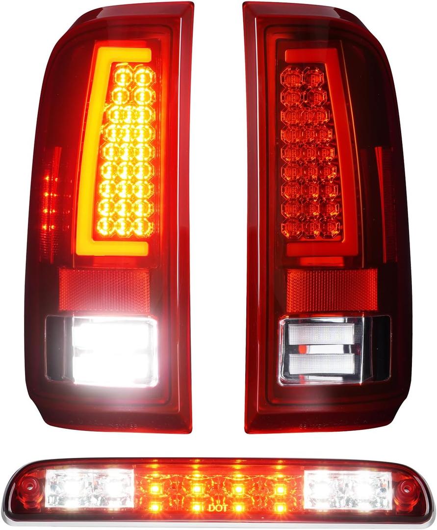 LED Tail Lights + 3rd Third Brake Cargo Lamp for Ford F250 F350 F450 F550 2008-2016 (Fleetside Bed Model), High Mount Stop Light Rear Taillight Assembly, Chrome Housing Red Lens, 3Pcs