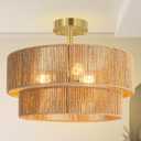 BoostArea 16.54 Boho 2-Tier Rattan Ceiling Light Fixture, Semi Flush Mount Woven Chandelier for Bedroom, Dining Room, Kitchen, Entryway, Living Room(Bulb not Included)