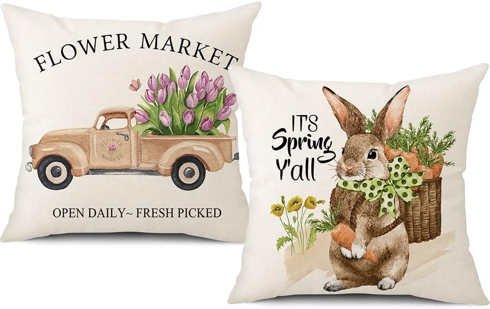 Spring Easter Pillow Covers 18x18 Set of 2 Rabbit Bunny Carrot Truck Spring Flowers Decorative Throw Pillow Covers for Home Office Sofa Bed Couch