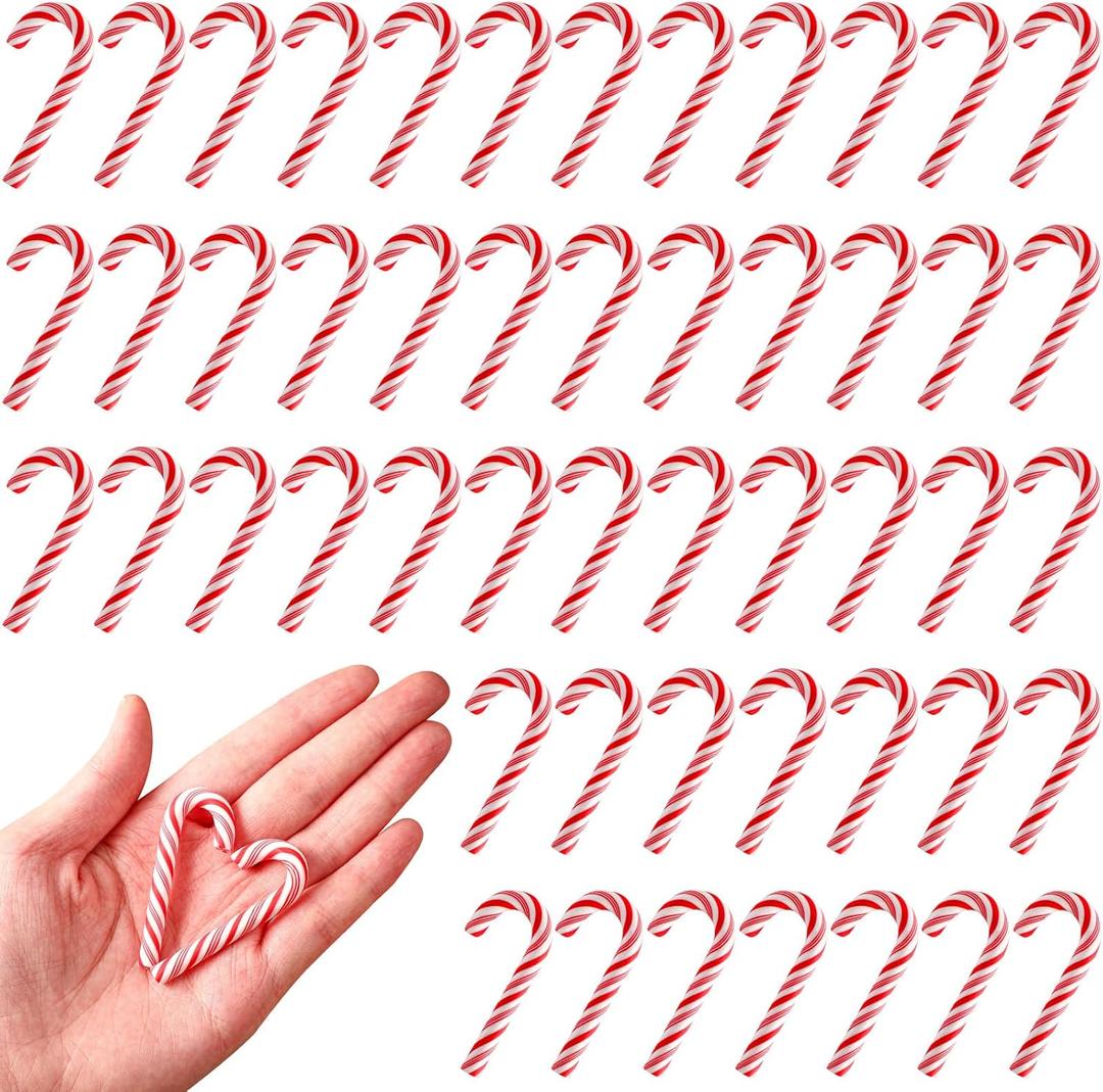 2" Fake Candy Canes-Polymer Clay Candy Cane Craft,Mini Christmas Decorations, 50pcs Peppermint Ornaments for Tree Hanging DIY Decor Supplies (Red White)