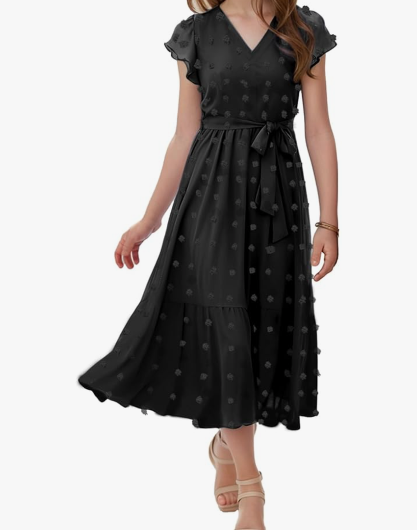 Girls Bohemian Dresses Casual V Neck Ruffle Cap Short Sleeve Swiss Dot A-Line Belt Pleated Hem Maxi Long Sun Flowy Dress Size 13-14 Y Girls Bohemian Dresses Casual V Neck Ruffle Cap Short Sleeve Swiss Dot A-Line Belt Pleated Hem Maxi Long Sun Flowy Dress Size 13-14 Y