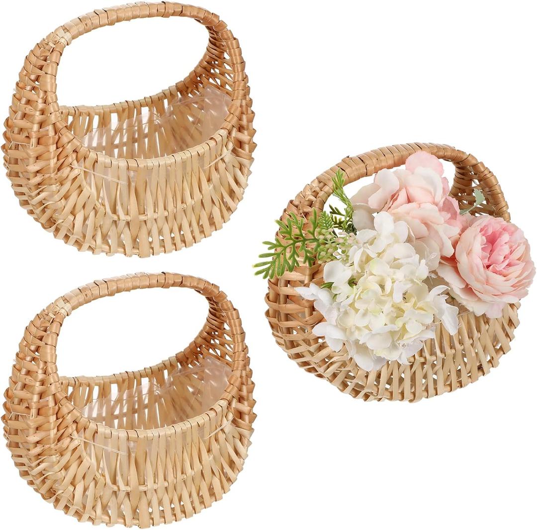 3 Pcs Rattan Half-moon Wicker Basket, Small Willow Straw Basket with Handle, Ideal for Wedding Flower Girl, Picnic, Garden Storage, and Home Decor