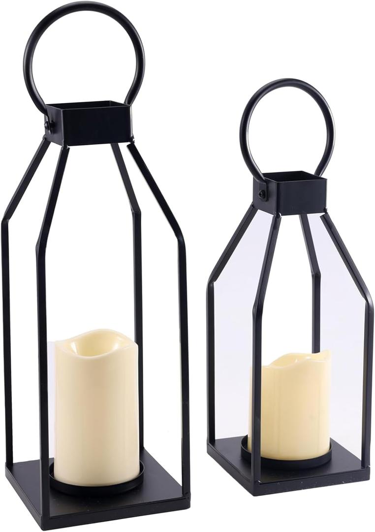 PHOSPHOR Modern Farmhouse Decor Lanterrn Set of 2 Black Metal Candle Holder for Indoor Outdoor Lanterns with Candles for Living Room Fireplace Dining Table Centerpieces Home Kitchen Decor