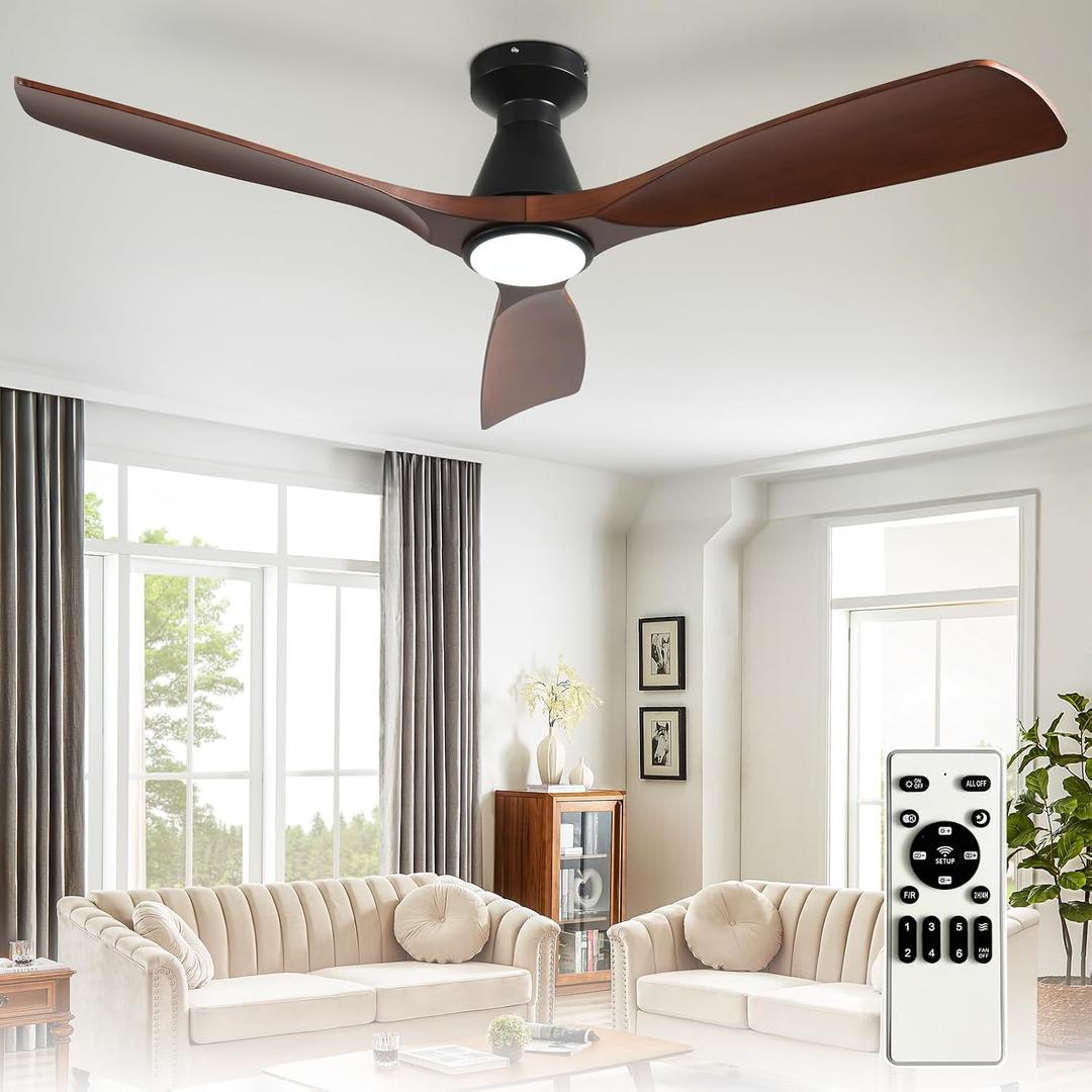 Depuley 52-Inch Ceiling Fans with Lights: Walnut 3 Blade Flush Mount Low Profile Ceiling Fan for Bedroom - Dimmable Indoor Outdoor Fan with Remote Control Ultra Quiet DC Motor Timer