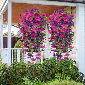 2PCS Garland Hanging Vines Artificial Morning Glory Hanging Faux Plants Realistic Home Office Decoration Indoor Outdoor for Outdoors Garden, Patio, Balcony, Farmhouse Decor