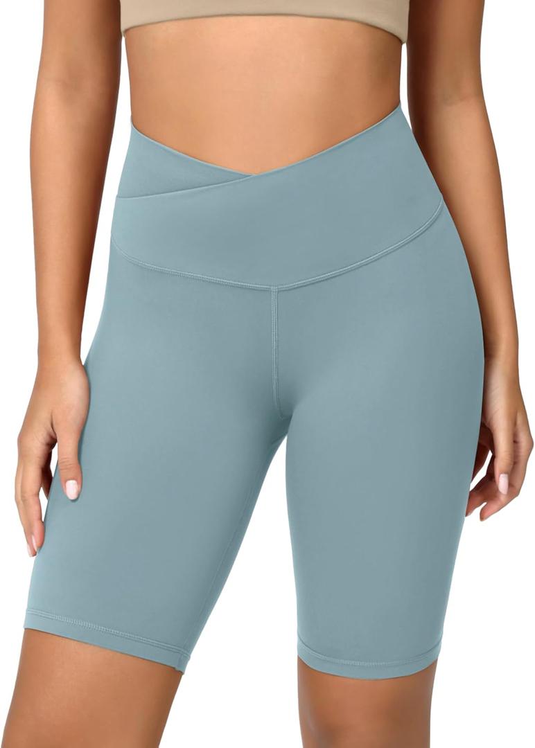ODODOS Women's Crossover Yoga Shorts with Back Pocket, 8" Buttery Soft V High Waist Lounge Biker Shorts, Chambray, Large (L)