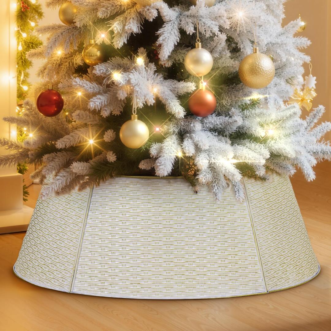 Lanpn Metal Christmas Tree Collar 20 inch, Christmas Tree Ring Collar for Small Mini Pencil Xmas Stand Cover Real Artificial Trees Indoor Outdoor Decoration (Copper, Horizontal Weave)