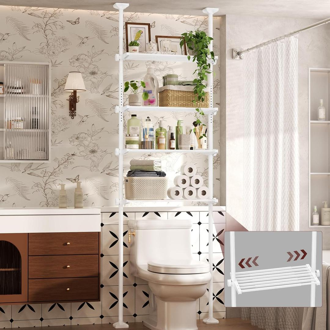 Goovilla Over The Toilet Storage Shelf, 4 Tier Bathroom Organizer Shelves with 64-124inch(H) 15-27inch(W) Adjustable No Drilling Tension Mounting, White Space Saver Bathroom Shelf Rack Above Toilet