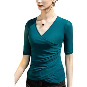 METWEY Wrap Tops for Women Summer Mesh Ruched Top Trendy 2026 Date Outfits V Neck Business Casual Work T Shirts Blouse (M)