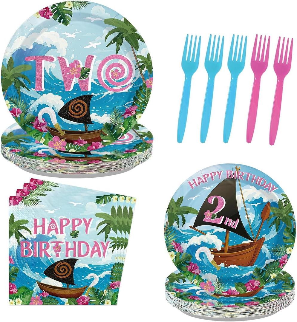 96 Pcs Mna Two Party Supplies Mo Second Birthday Plates and Napkins Hawaiian Luau Theme Tableware Set for Girls Boys Tropical Luau Summer 2nd Birthday Party Supplies, Serves 24