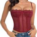 Lace Bustier Corset Tops for Women - Sexy Going Out Party Club Top with Buckle (Medium, Burgundy)