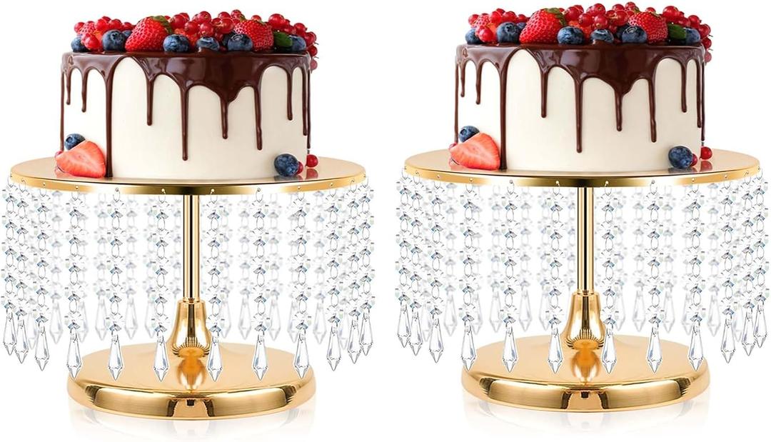 2 Pcs Gold Metal Mirror Cake Stand Set with Crystal Pendants - 11.8"W Elegant Dessert Table Display for Weddings, Birthday Parties, Baby Showers, Events - Sturdy Crystal Bling Cupcake Stands for Pastries, Sweets, Decorations