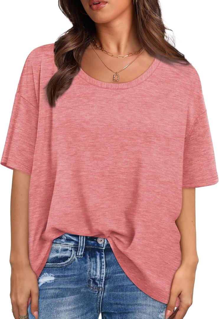 XIEERDUO Oversized T Shirts for Women Summer Short Sleeve Tops Loose Scook Neck (XX-Large, Coral)