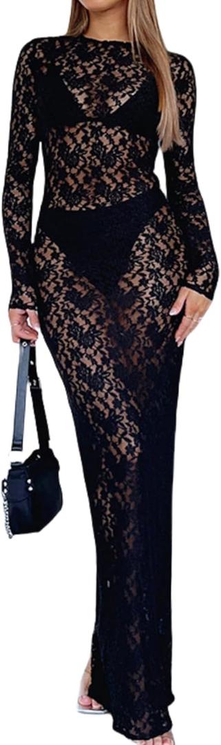 ZGMYC Women's Elegant Floral Lace Maxi Dress Sexy See Through Long Sleeve Evening Dress Party Cocktail Dress Beach Cover Ups (Large, Black)