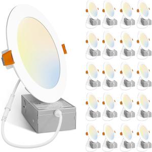 Amico 20 Pack 6 Inch 5CCT Ultra-Thin LED Recessed Ceiling Light with Junction Box, 2700K/3000K/4000K/5000K/6000K Selectable, Dimmable Can Light, 1200LM High Brightness Downlight,15W Eqv 130W,ETL