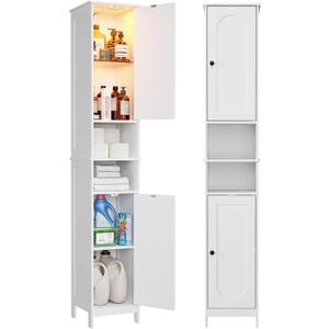 HAIOOU 67" Tall Bathroom Storage Cabinet with Light,11.8"W Narrow Bathroom Cabinet with Adjustable Glass Shelves,Slim Freestanding Cabinet for Small Spaces,Skinny Cabinet for Kitchen,Living Room white, 11.8"W*11.8"D*66.9"H