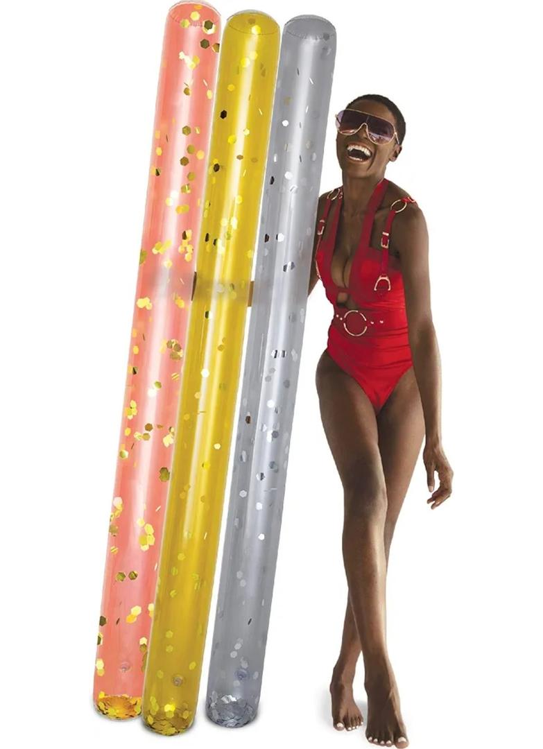 POZA Inflatable Pool Noodles - Premium Jumbo Pool Noodles in Gold, Rose Gold, and Silver, Sparkly Confetti-Filled Pool Noodle Floats for Adults, Kids, Pool Noodles for Water Games, Pool Party - 3 Pack