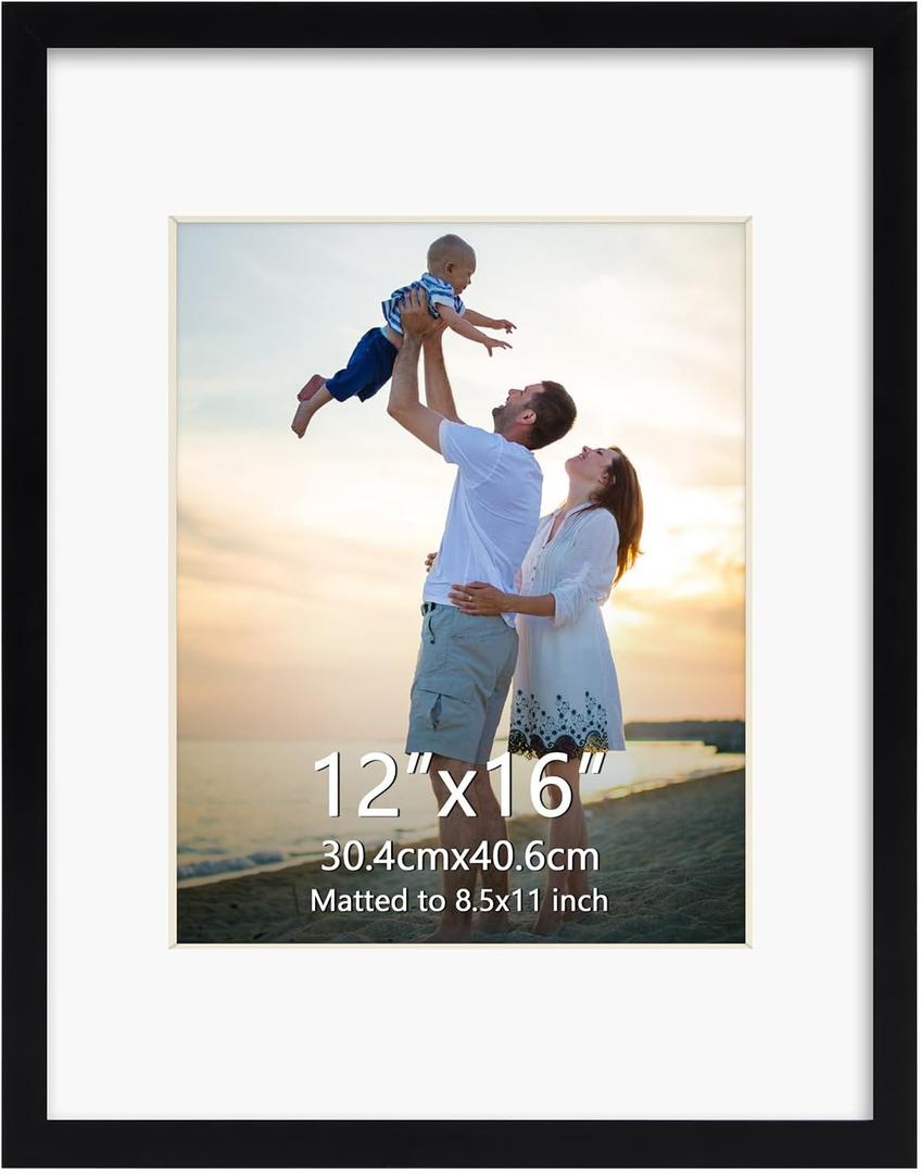 Hoikwo 1 pack 12x16 Black Plastic Frame with Plastic Cover matted to 8.5x11, for 8.5 by 11 Certificate Document Award with Mat, Display 12x16 Photo Frame without Mat, Only for Wall Hanging