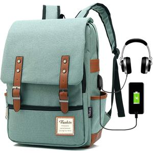 Vintage Laptop Backpack for Women Men, School College Backpack with USB Charging Port & Headphone Jack, Fashion Backpack Fits 15.6 inch Notebook - Green-Function Update