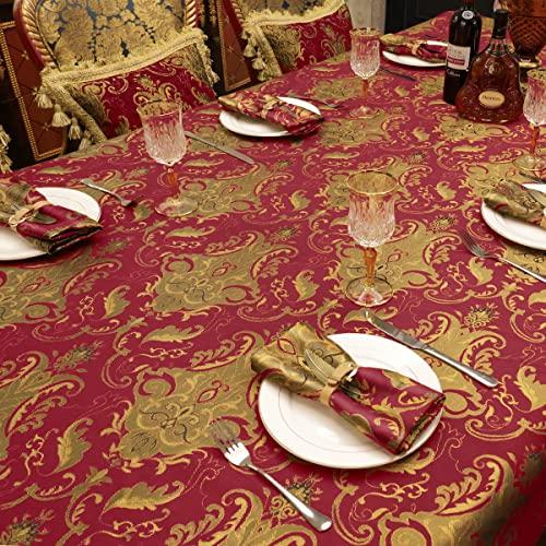 Loom and Mill Luxury Fabric Tablecloth 60 x 104 Inch, Christmas Damask Jacquard Table Covers with Tassels for Dining Kitchen Tabletop Party Banquet Holiday Decoration(Red, 60x104 in)