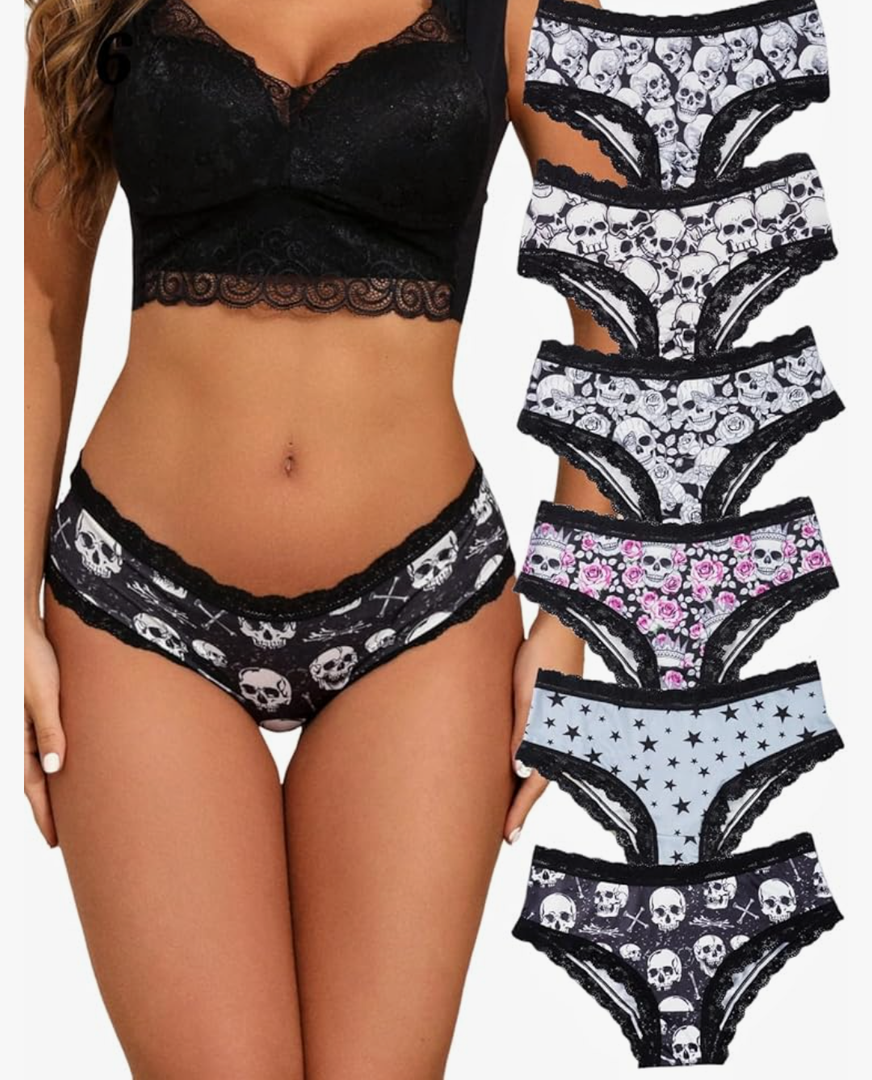 Morvia 6pcs Women Underwear Gothic Sexy Halloween Skulls Roses Allover Print Contrast Lace Hipsters Panties, XXL