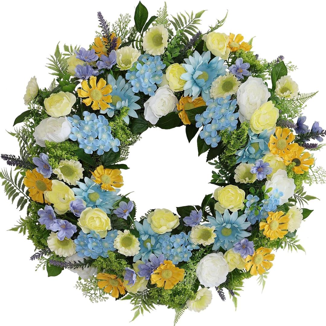 Faux Silk Flower Spring Summer Easter Wreath 24-26" for Front Door  White Ranunculus Yellow Daisy Blue Hydrangea Green Eucalyptus Leaves  Farmhouse Front Porch Wreath, Outdoor Indoor Use