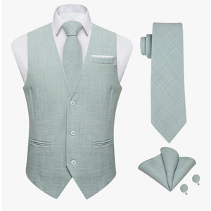 DiBanGu 4PCS Mens Suit Vest Linen Solid Color Vest for Men Wedding Casual Waistcoat Necktie Pocket Square Cufflinks 3XL