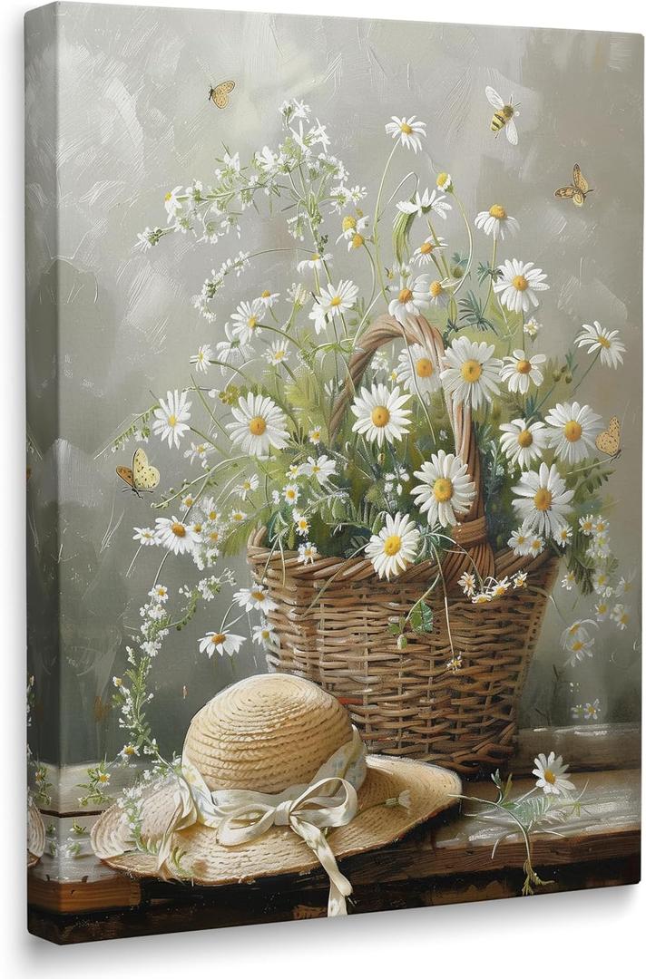Framed Farmhouse Vintage Daisy Floral Canvas Wall Art, Neutral Country Botanical Artwork Paintings for Bathroom Living Room Kitchen Decor Ready to Hang (16"x24")