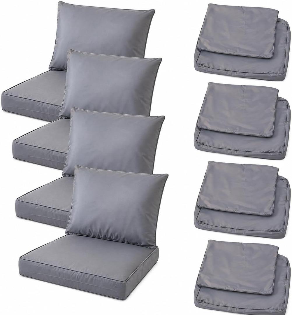 4 Pack Patio Cushion Covers Only, Outdoor Deep Seat Cushion Covers 24x24x4 Inch and Back Pillow Covers 24x20 Inch, Waterproof Fade-Resistant Replacement Slipcovers with Side Zipper (Light grey)