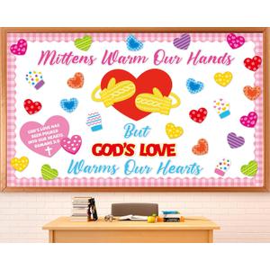4 x Valentine's Day Religious Bulletin Board Set God's Love Classroom Decorations Valentines Day Religious Bible Paper Cutouts Colorful Mittens Love Heart Bulletin Board for School Church Teacher Supplies