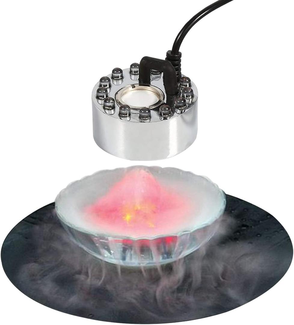 Halloween Party Mist Maker,Ultrasonic Water Pond Fountain Fogger 9 LED Red Yellow and Blue Light Flashes Aluminum Atomizer Air Humidifier for and Rockery Fish Tank Vase Birdbath Deco