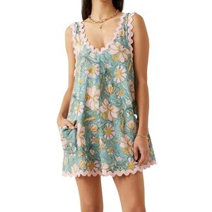 Women RIC Rac Floral Boho Mini Dress V Neck Sleeveless Backless Vacation Dress with Pockets Size L