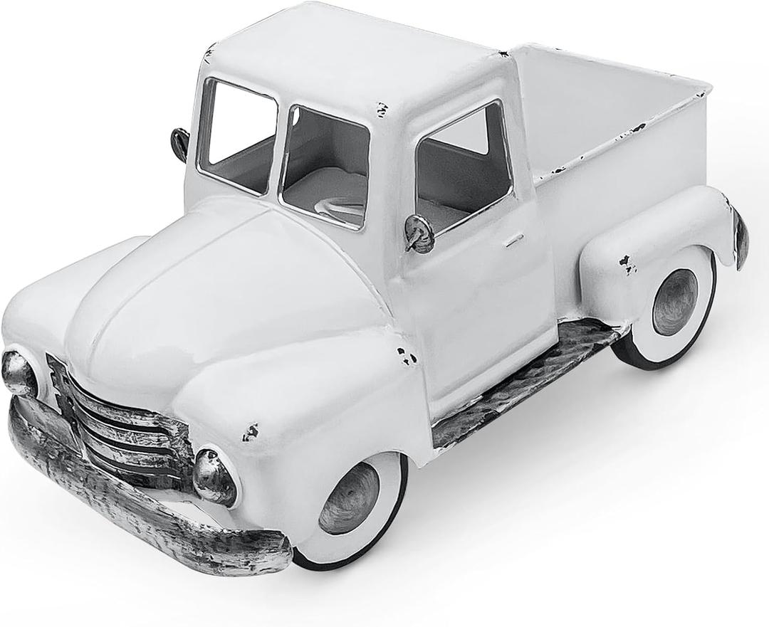 Farmhouse White Truck Decor, Vintage Metal Farm Truck Decor,Rustic Outdoor/Indoor Garden Trucks Planter,Decorative Tabletop Fall Table Pick-up Decor, Collectible Vehicles Gifts